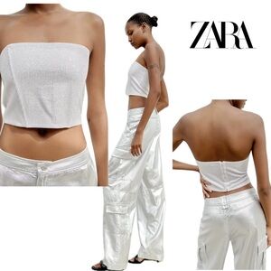 Zara white silver Crystal rhinestone embellished strapless bustier crop top Sz L